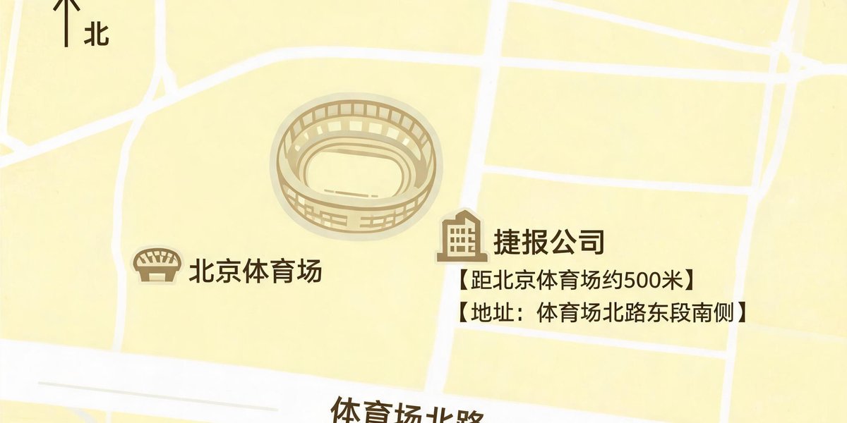 捷报公司位于北京体育场附近，地图标注详细位置