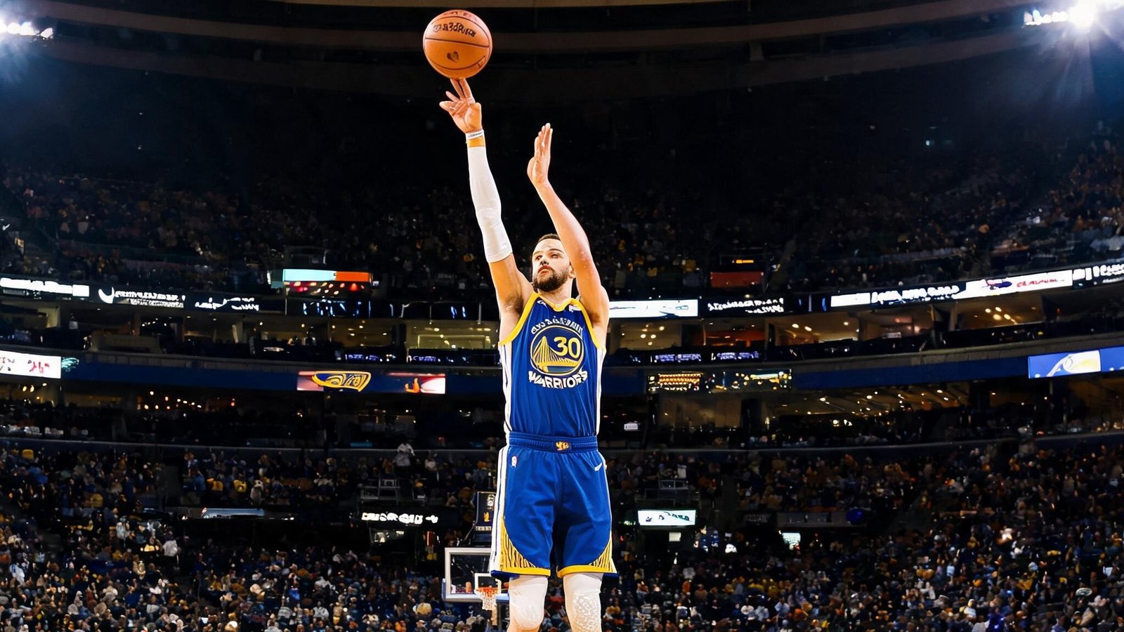 NBA赛场，斯蒂芬·库里出手三分，背景是甲骨文球馆