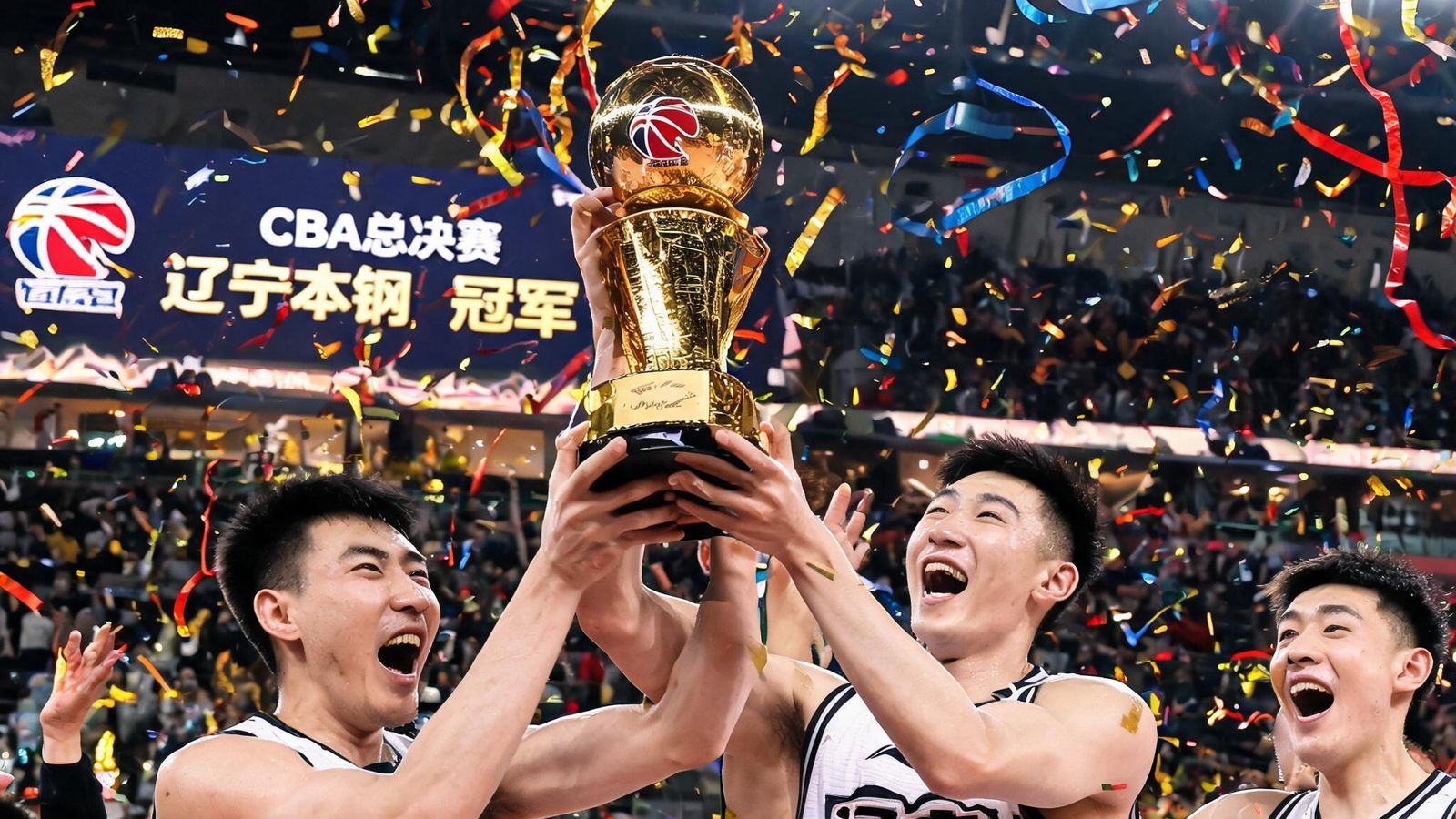 CBA总决赛辽宁队夺冠庆祝，球员举起奖杯，彩带飘扬