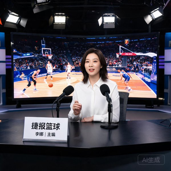 李娜，捷报篮球主编，在演播室解说比赛中