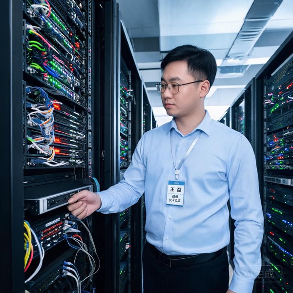 王磊，捷报技术总监，在服务器机架前工作